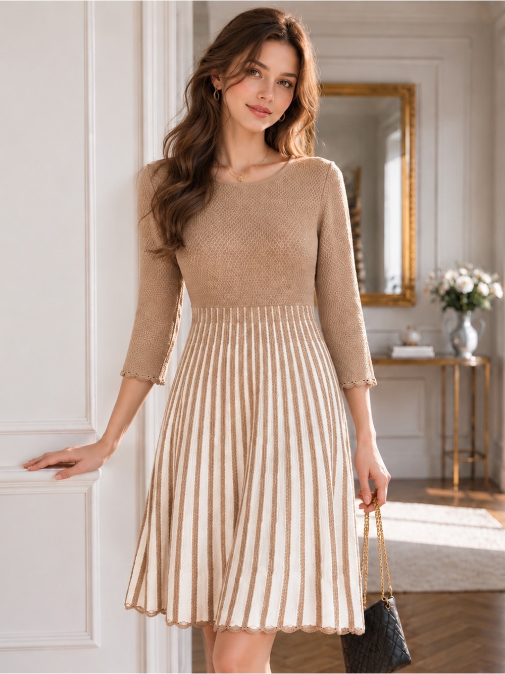 Calvin Klein Beige and Cream Striped Knit Fit-And-Flare Dress